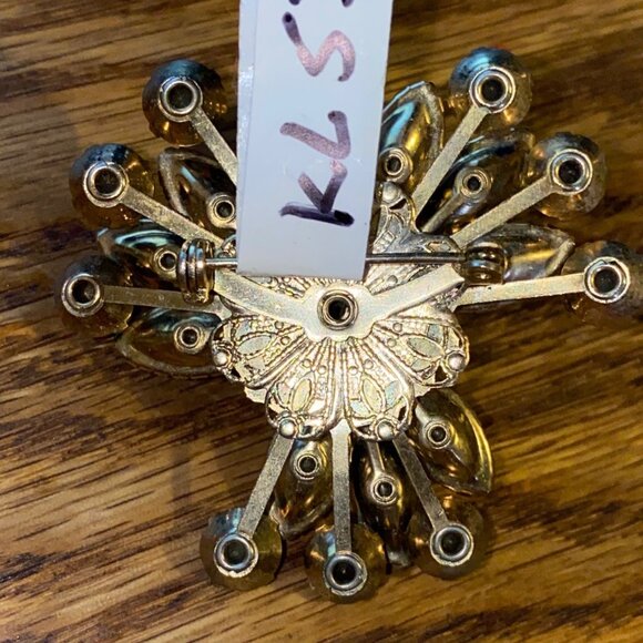 Vintage Green & Yellow Rhinestone Tri-Petaled Brooch - Picture 3 of 6